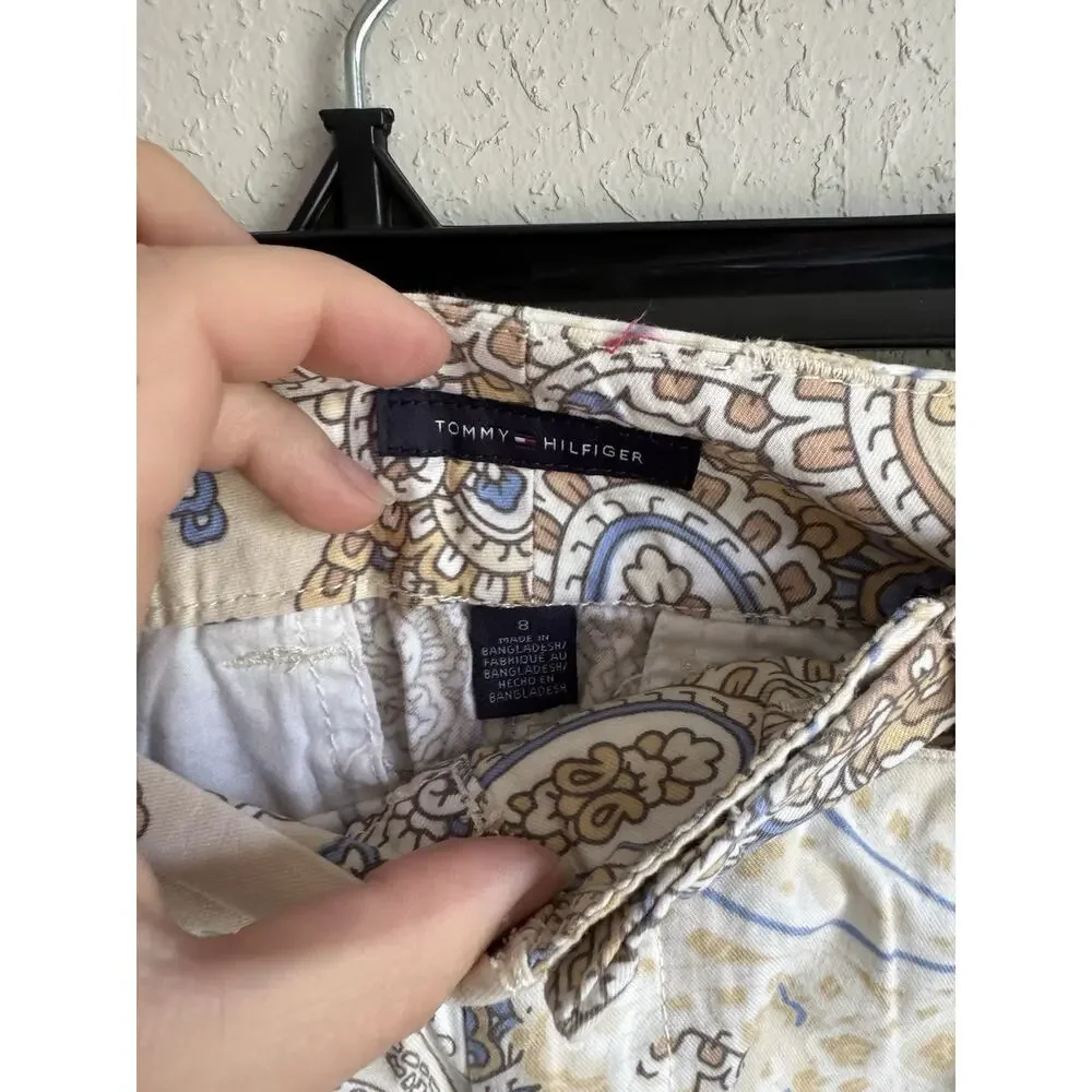 Tommy Hilfiger Cream Blue Paisley Print Cotton Bermuda Shorts Womens 8